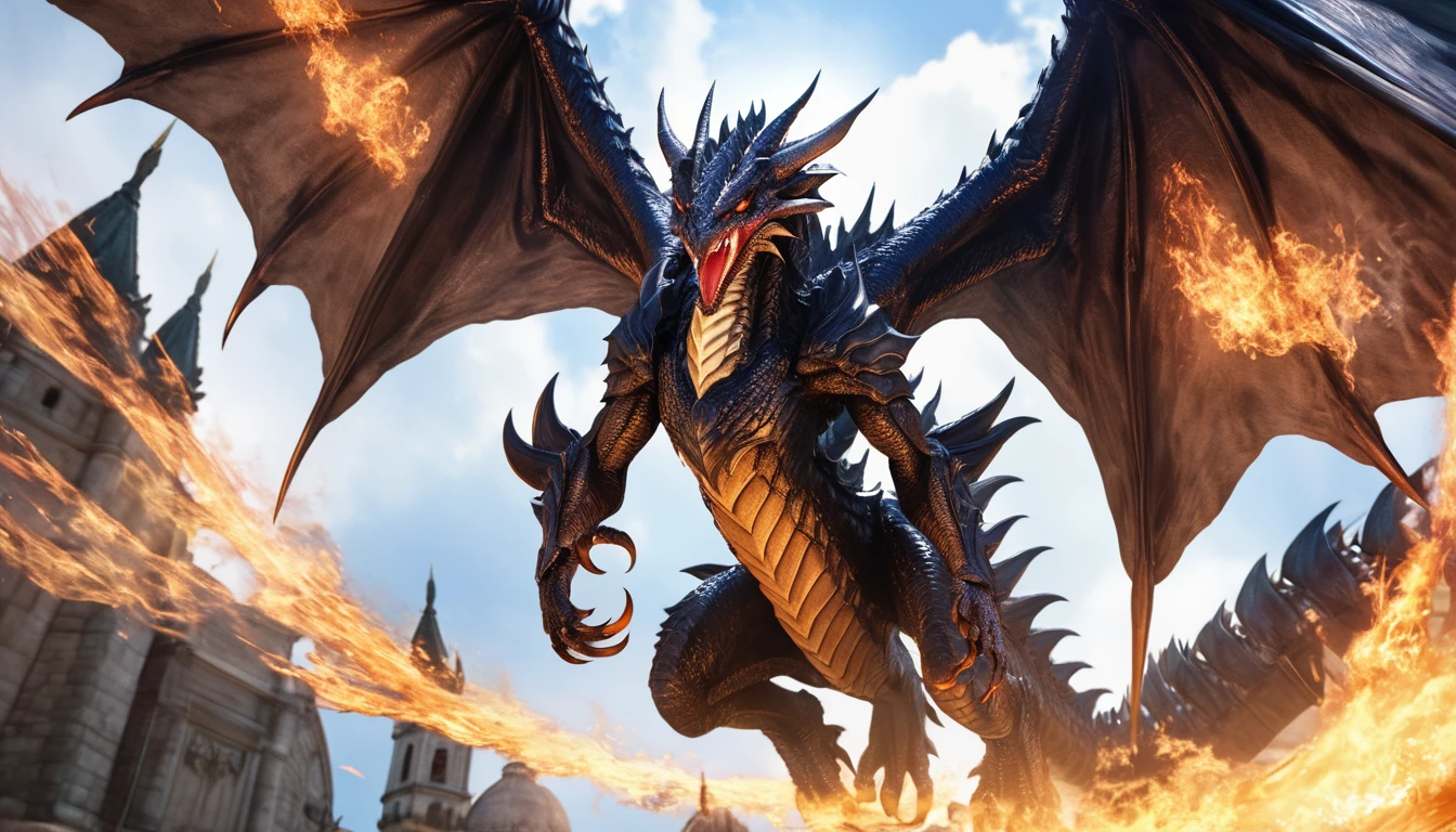 Realistic photos, RAW Photos, Bahamut, attacks viewer, Powerful movements, jump on prey, ((Dynamic jump)), Sharp Claws, Bahamut approaching from above, sudden approach, Bad-tempered, dynamic Shot from grand, flame magic