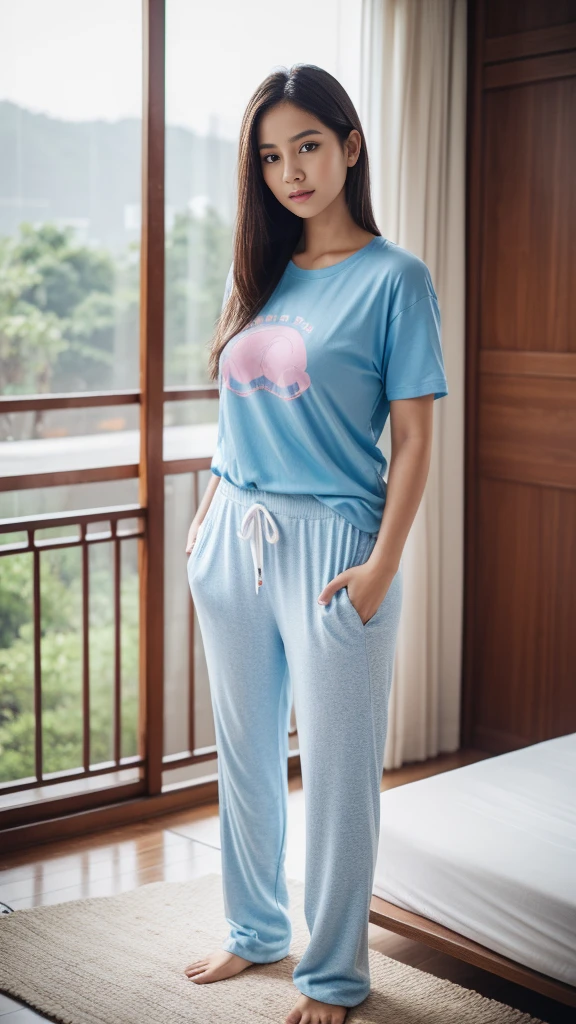 (pp clothes), (realistic), ((8k)), (masterpiece), -yeld, sh girl, ultra realistic, wearing light blue fitness short, big, wearing oversized t-shirt, pink loose t-shirt, cameltoe, fit curvy body, tight thighs, pale white skin tone, bright skin tone, standing, open legs, view to side, view to camera, wearing pajama pants, Indonesian face, wearing high  shirt, bedroom situation, view from front.