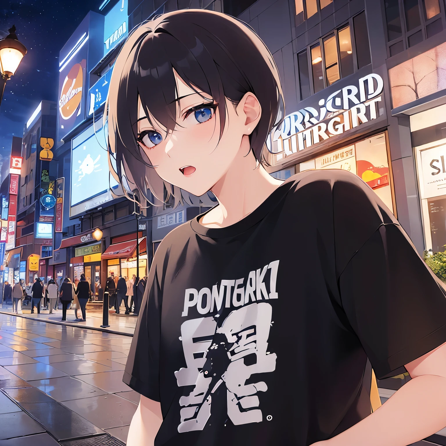 (25-year-old male:1.5) and (blackのショートヘア) and (blue eyes) (black:1.5) and (T-Shirts:1.5),(avert your eyes:1.5),Upper Body、Side shot、Hands are out in front、Glowing Skin, masterpiece、Highest quality,Embarrassed expression,open mouth、(Night Park:1.5)、(Night Sky:1.5)、(Grass:1.3),(alone:1.5)