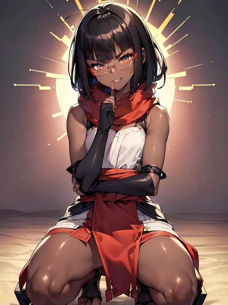 (flat chest), (masterpiece:1.2), highest quality, High resolution, unity 8k wallpaper, (fine and beautiful eyes:1.6), highly detailed face, perfect lighting, Detailed CG, (perfect hands, perfect anatomy), (1 girl:1.4), 20 years old,( black hair:1.3), extremely beautiful detailfeminine face and eyes, (evil smile:1.4), detailed eyes, best quality,( dark skin:1.8),   extremely detailed, very precise detailed,(glasses:1.3), blunt bangs, open mouth, (very short pixie cut:1.2), (geta:1.2),(fingerless gloves:1.5), smile, half closed eyes,long sidelocks,(long red Scarf:1.3),(sleeveless yukata),(on one knee:1.7) ,(own hands clasped:1.8), (spread legs:1.2),(kuji-in:1.5),(index fingers up:1.3)
