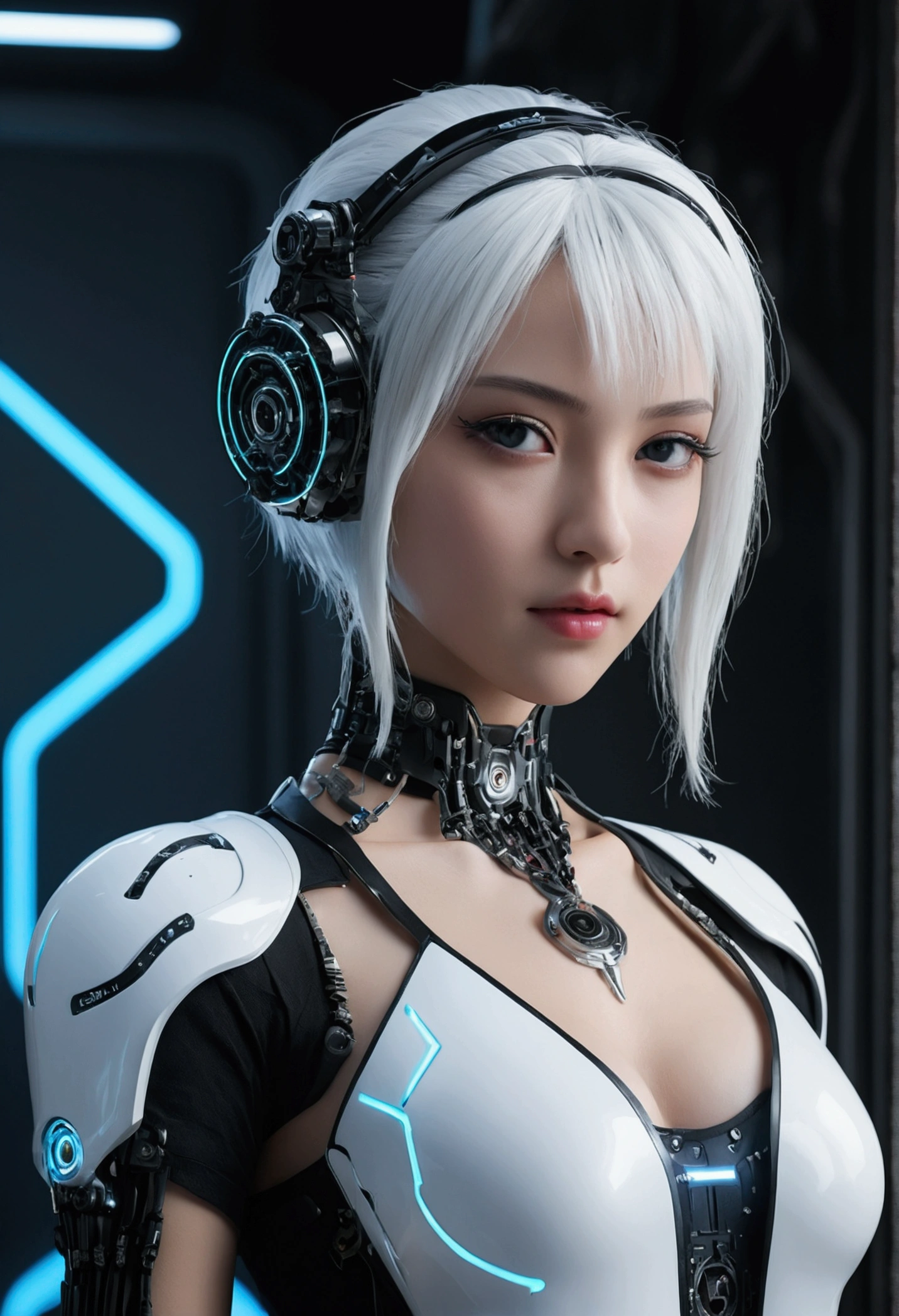 Browsing Caution,((Highest quality、In 8K、masterpiece:1.3))Wearing a silver-white mechanism，A girl with a beautiful face，Best image quality，Ultra Clear，The facial features are delicate and clear，Armageddon，Mechanical Arm，Exquisite detail，(Clatter toeachine Pattern,cyber punk、Cyber City、Digital、century、Tron、()