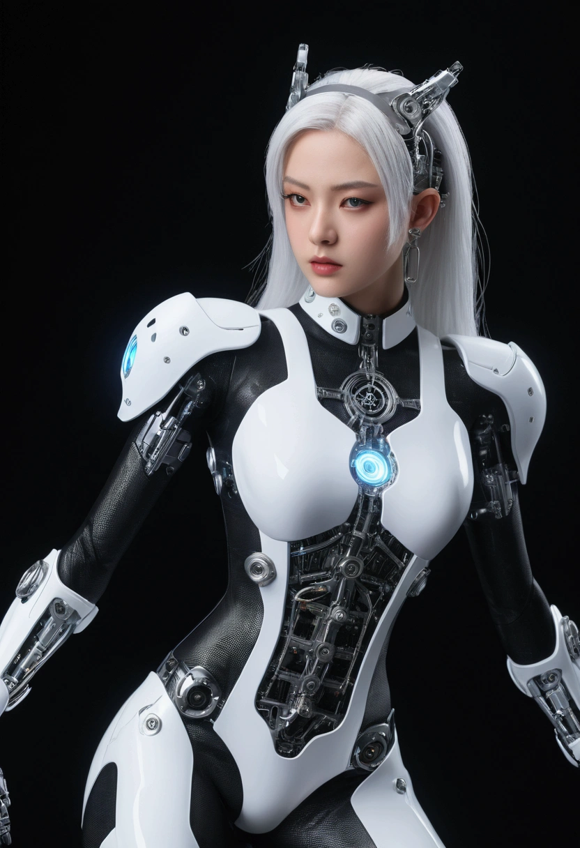 Browsing Caution,((Highest quality、In 8K、masterpiece:1.3))Wearing a silver-white mechanism,A girl with a beautiful face,Best image quality,Ultra Clear,The facial features are delicate and clear,Armageddon,Mechanical Arm,Exquisite detail,(Clatter toeachine Pattern,cyber punk、Cyber City、Digital、century、Tron、()
