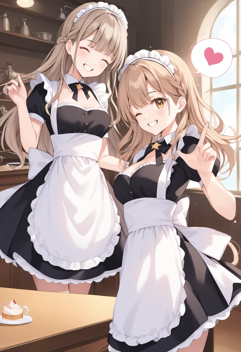 light brown hair, braid, maid headdress, one eye closed, grin, masterpiece, high details, super detail, best quality, highres, Maid girl, 2 heads, maid apron, background(star symbol, heart symbol)