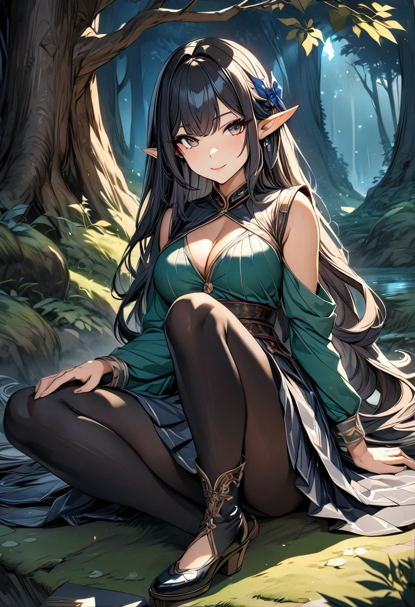 high quality, 4k, 8k, highres, HDR, UHD, masterpiece, ultra-detailed, a beautiful elf woman in a dark fantasy forest, sitting pose, creative angle, cool pose, simple outfit, skirt, mature woman. extremely detailed face, rendered eyes, dark eyes, long flowing hair, dark blue hair, curious expression, sitting under a large tree, anime style, highly detailed, 8k, fantasy art, magical atmosphere, mossy ground, dark setting, demonic forest, pointed ears, detailed dress, intricate details, fantasy landscape
