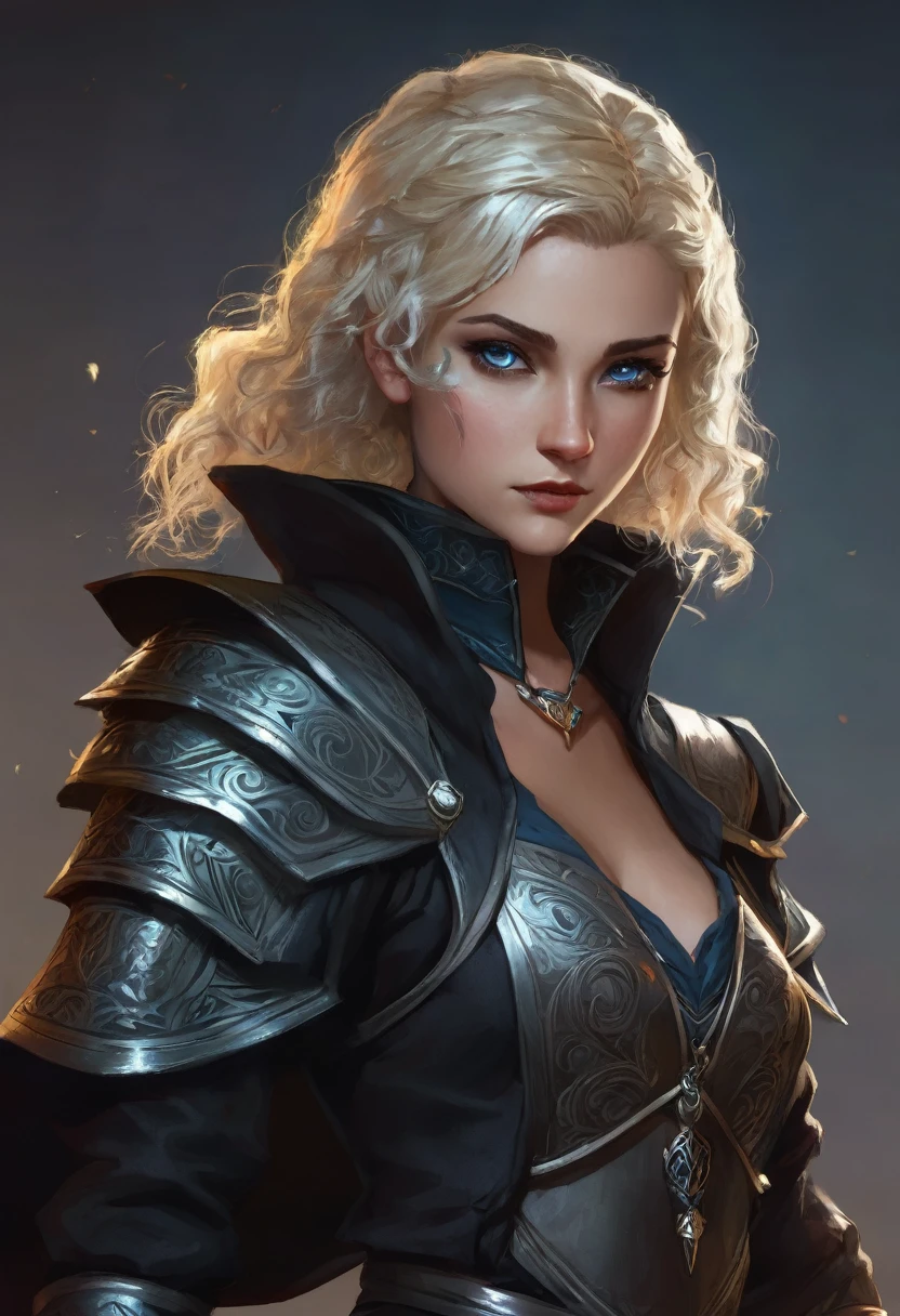 Necromancer Ranger Female, Pixie short curly hair blonde with highlights, medieval times, blue-grey eyes ,dark background. black colored clothes, smal Daughter 