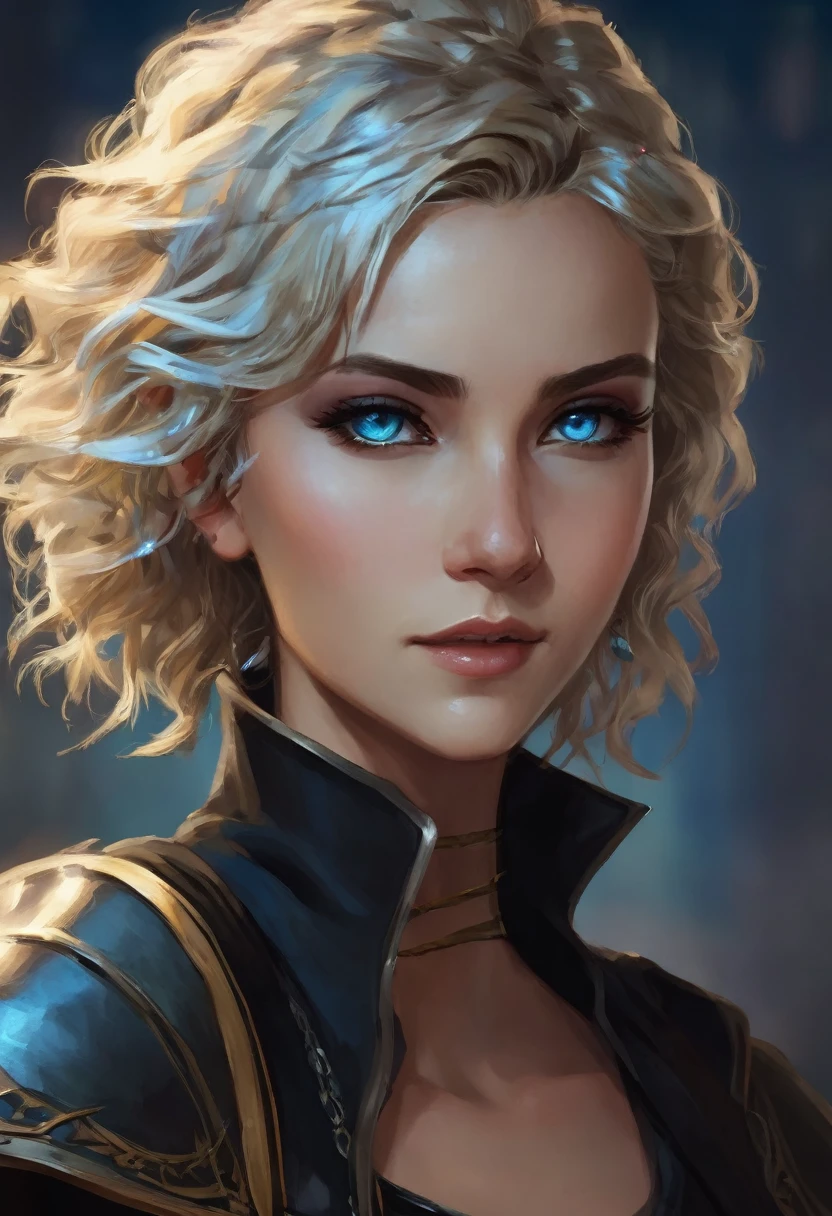 Necromancer Ranger Female, Pixie short curly hair blonde with highlights, medieval times, blue-grey eyes ,dark background. black colored clothes, smal Daughter