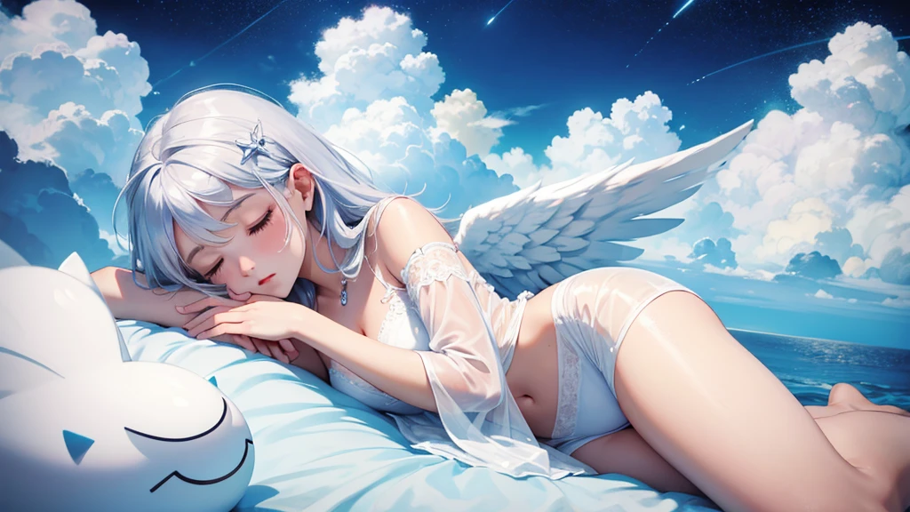 angel girl ,sleeping in the cloud,cute , siver hair