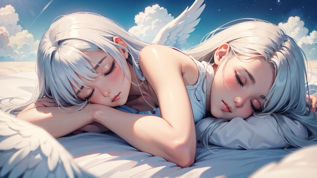 angel girl ,sleeping in the cloud,cute , siver hair