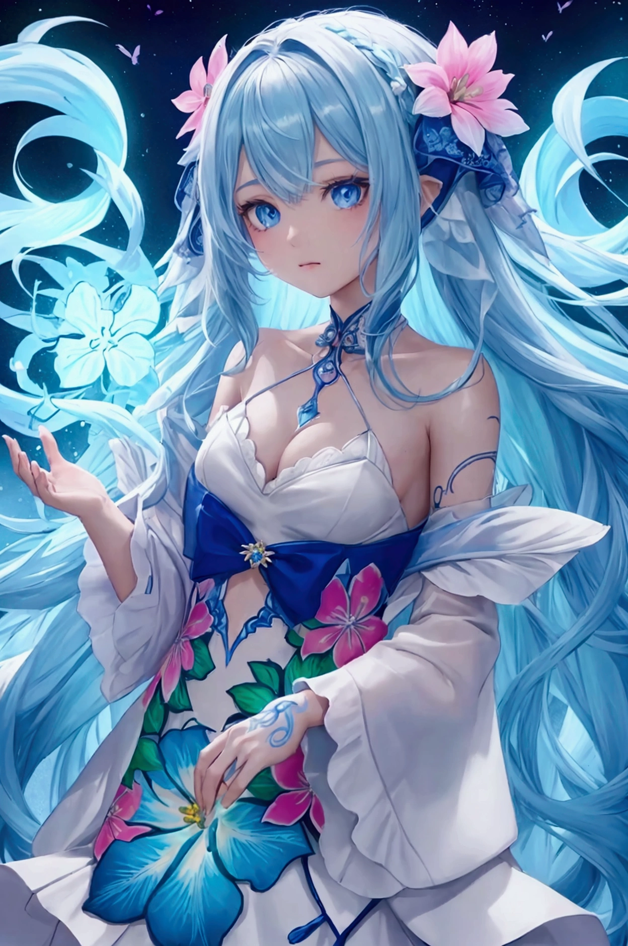(mulher magra), (seios pequenos), (albina), (heterocromia), (vestido azul escuro com glitter comprido), (cabelo branco), (cabelo algurandos quadris), (olho esquerdo castanho), (olho direito azul)