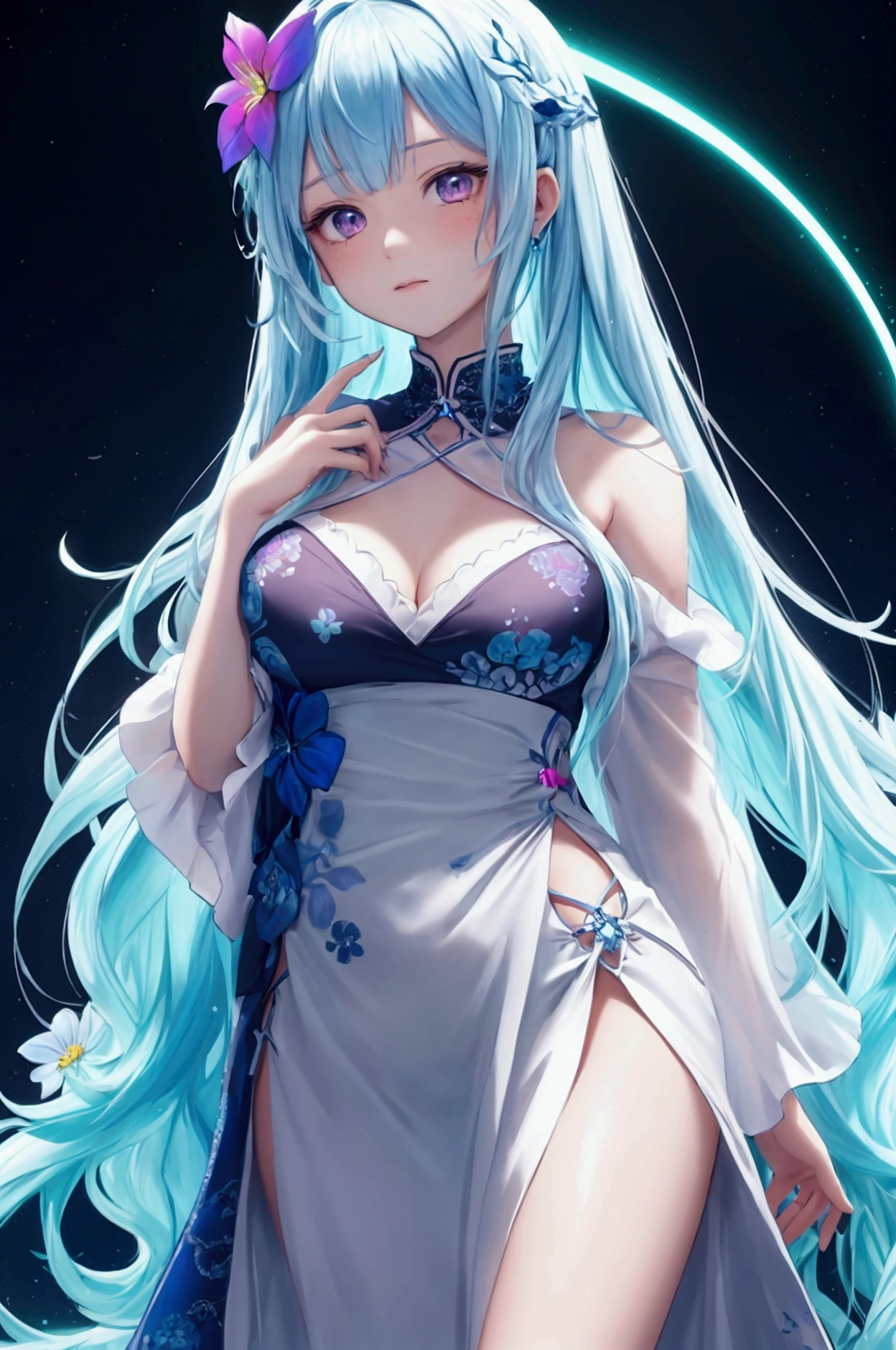 ((Highest quality, 8k, masterpiece: 1.3)), 1 girl, Slim Beauty: 1.3, (Long Hair: 1.2), Floral Skirt, Long legs: 1.1, Super delicate face, Beautiful Eyes, double eyelid, Outdoor, Octane Rendering,masterpiece, Concept Art, Panorama, in the center, shape, Wide Shot, garden, night, (meteor), Space galaxy background, (Great composition, Epic scale), Dynamic Lighting, Bright colors, cherry blossoms,