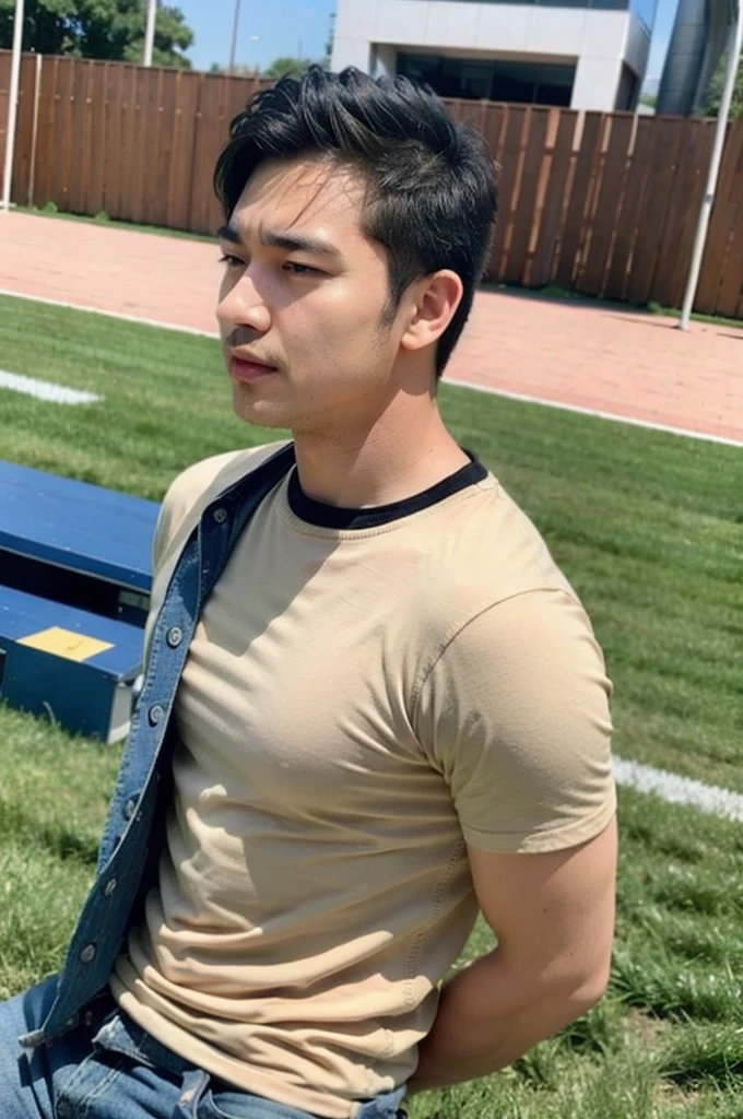 A handsome, muscular young Asian man looks at the camera. In a simple t-shirt black and yellow , Fieldside, grass, beach, sunlight,