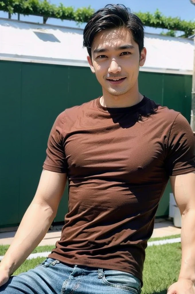 ((realistic daylight)) , Young Korean man in a simple brown t-shirt only, no pattern, denim shirt, and jeans., A handsome, muscular young Asian man looks at the camera. , in the football field ,turn sideways