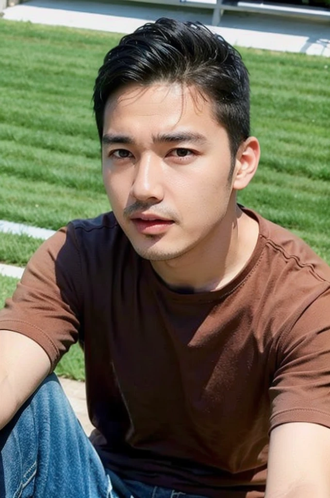 ((realistic daylight)) , Young Korean man in a simple brown t-shirt only, no pattern, denim shirt, and jeans., A handsome, muscular young Asian man looks at the camera.  , in the football field ,turn sideways