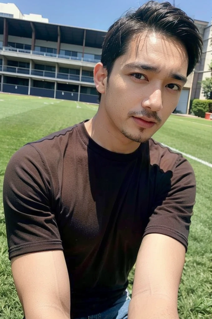 ((realistic daylight)) , Young Korean man in a simple brown t-shirt only, no pattern, denim shirt, and jeans., A handsome, muscular young Asian man looks at the camera. , in the football field ,turn sideways