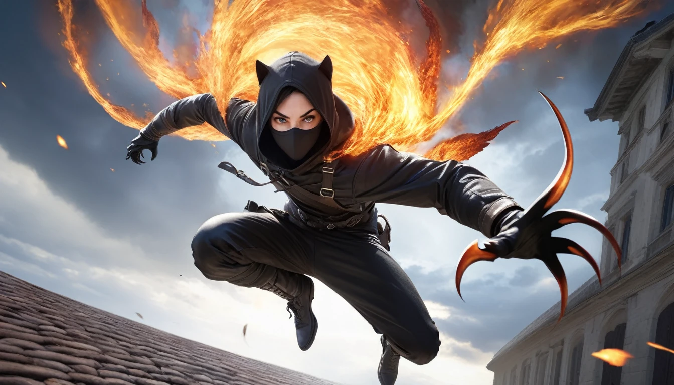 Realistic photos, RAW Photos, thief, attacks viewer, Powerful movements, jump on prey, ((Dynamic jump)), Sharp Claws, thief approaching from above, sudden approach, Bad-tempered, dynamic Shot from grand, flame magic