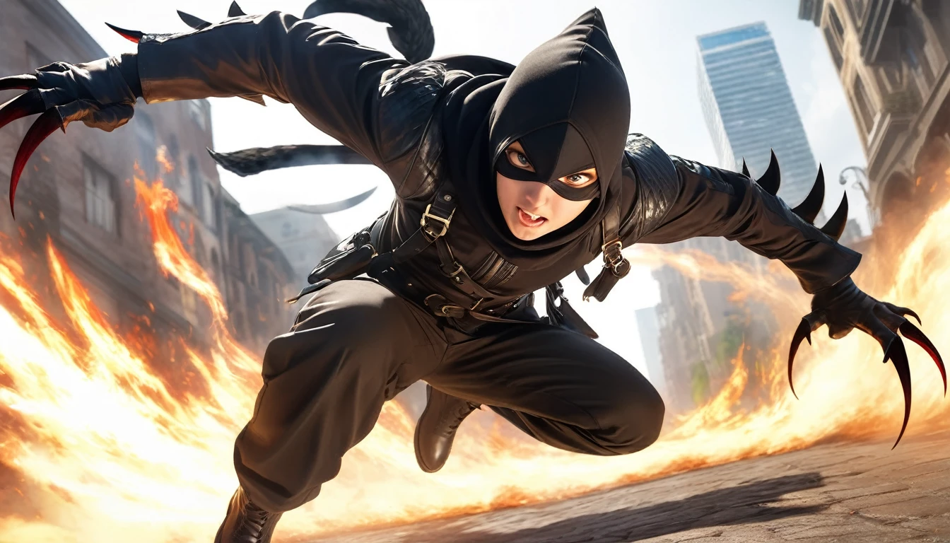 Realistic photos, RAW Photos, thief, attacks viewer, Powerful movements, jump on prey, ((Dynamic jump)), Sharp Claws, thief approaching from above, sudden approach, Bad-tempered, dynamic Shot from grand, flame magic