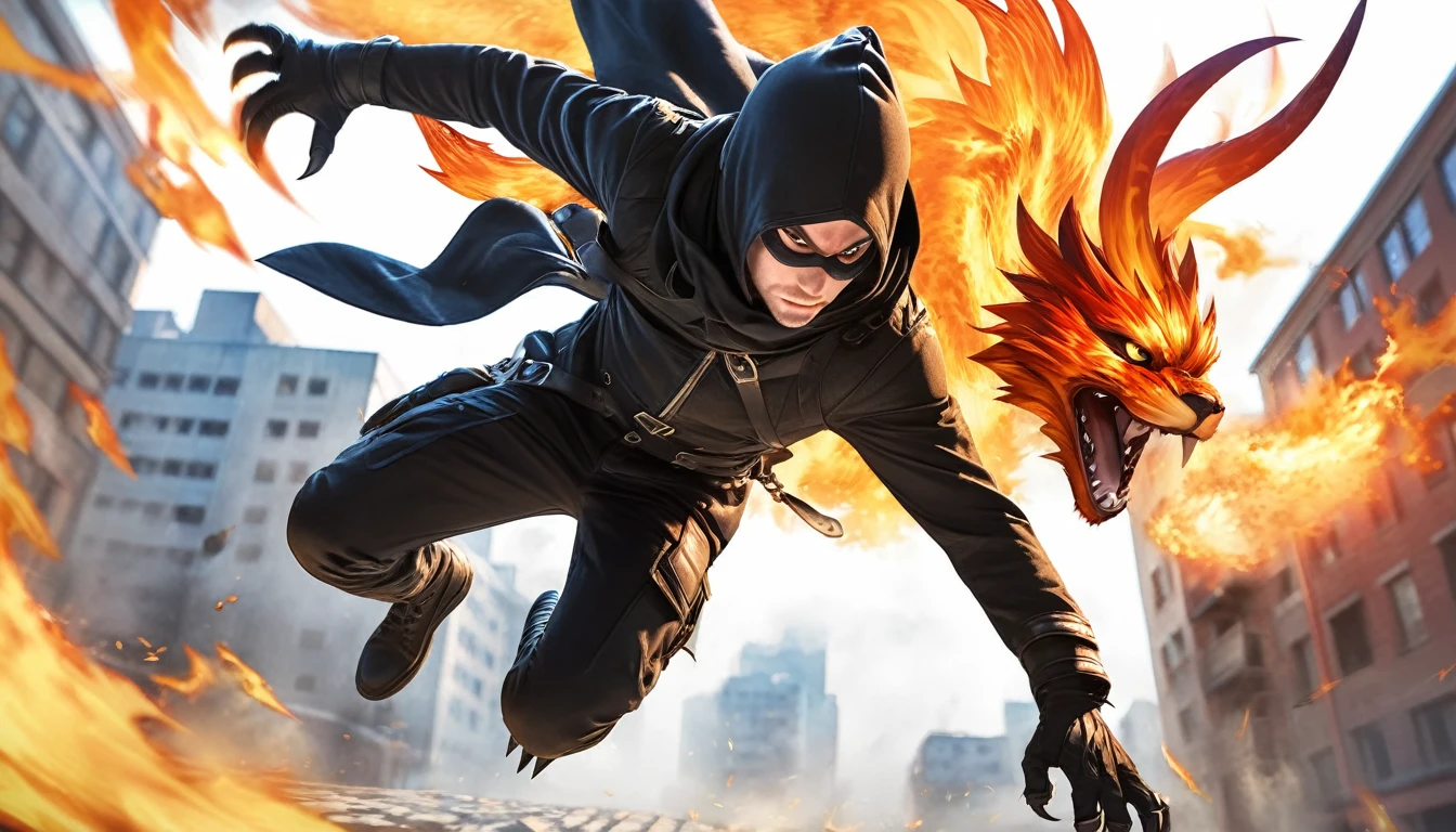 Realistic photos, RAW Photos, thief, attacks viewer, Powerful movements, jump on prey, ((Dynamic jump)), Sharp Claws, thief approaching from above, sudden approach, Bad-tempered, dynamic Shot from grand, flame magic