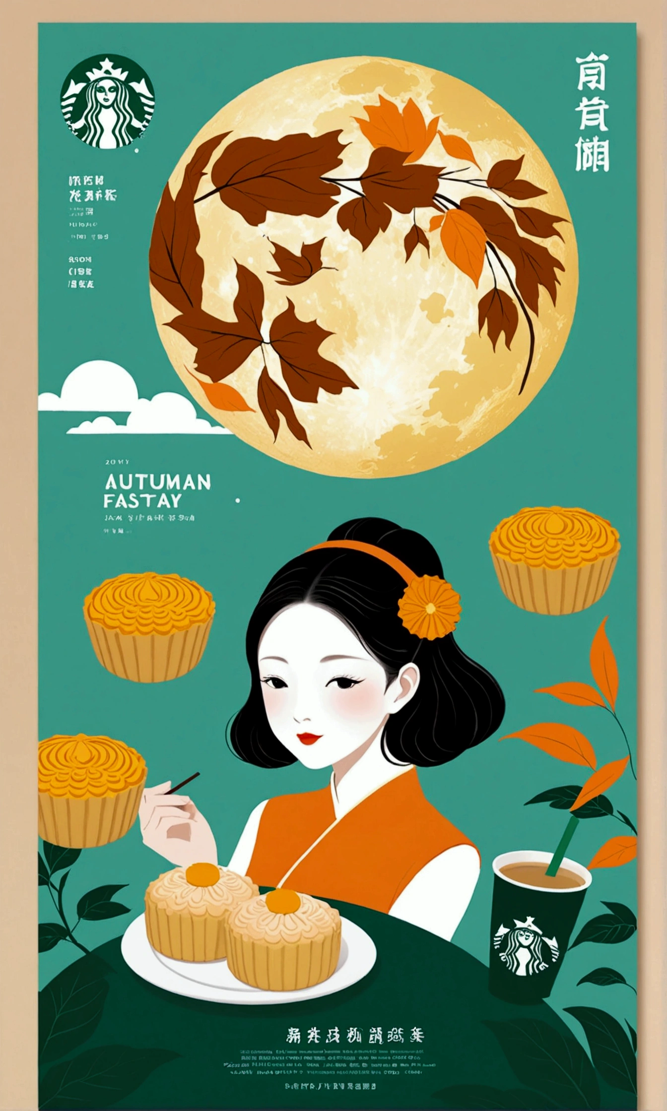 Mid-Autumn Festival poster design,girl,Cyan and Green,Starbucks mooncakes,moon,orange color,Fresh,romantic,Simplicity,Modern design