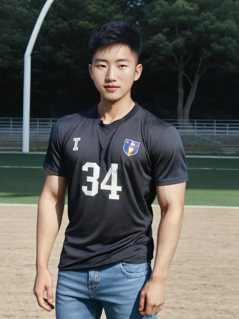 ((realistic daylight)) , Young Korean man in a simple black t-shirt only, no pattern, denim shirt, and jeans., A handsome, muscular young Asian man looks at the camera. , in the football field ,turn sideways
