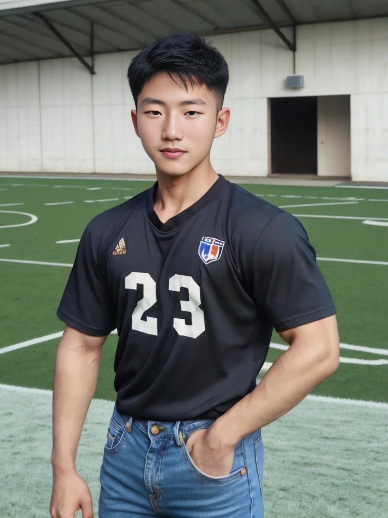 ((realistic daylight)) , Young Korean man in a simple black t-shirt only, no pattern, denim shirt, and jeans., A handsome, muscular young Asian man looks at the camera.  , in the football field ,turn sideways