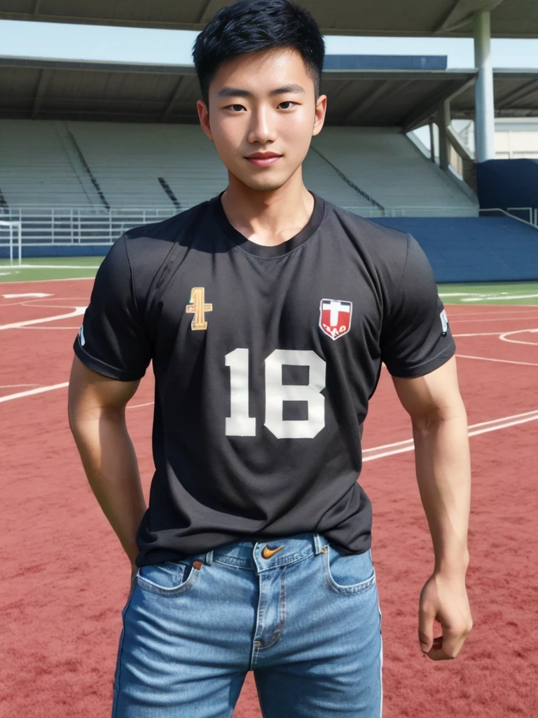 ((realistic daylight)) , Young Korean man in a simple black t-shirt only, no pattern, denim shirt, and jeans., A handsome, muscular young Asian man looks at the camera. , in the football field ,turn sideways