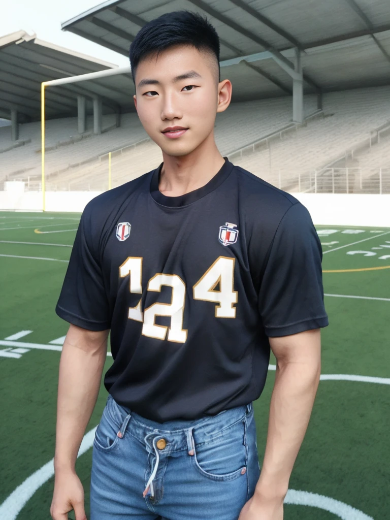 ((realistic daylight)) , Young Korean man in a simple black t-shirt only, no pattern, denim shirt, and jeans., A handsome, muscular young Asian man looks at the camera. , in the football field ,turn sideways