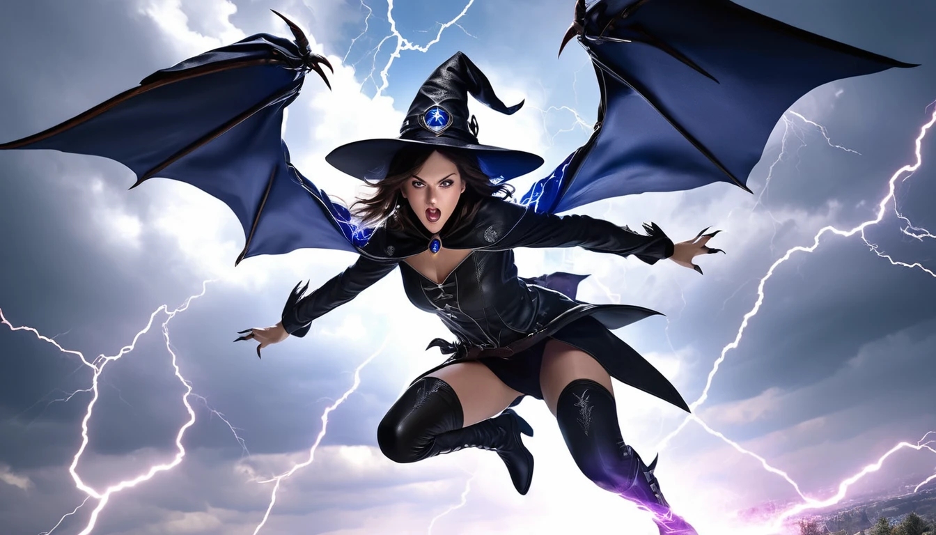 Realistic photos, RAW Photos, 
great witch, attacks viewer, Powerful movements, jump on prey, ((Dynamic jump)), Sharp Claws, 
great witch approaching from above, sudden approach, Bad-tempered, dynamic Shot from grand, lightning magic