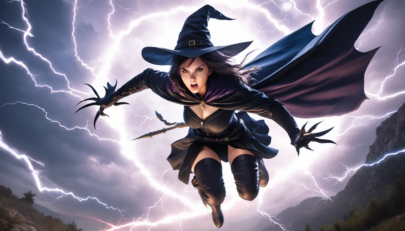 Realistic photos, RAW Photos,
great witch, attacks viewer, Powerful movements, jump on prey, ((Dynamic jump)), Sharp Claws,
great witch approaching from above, sudden approach, Bad-tempered, dynamic Shot from grand, lightning magic
