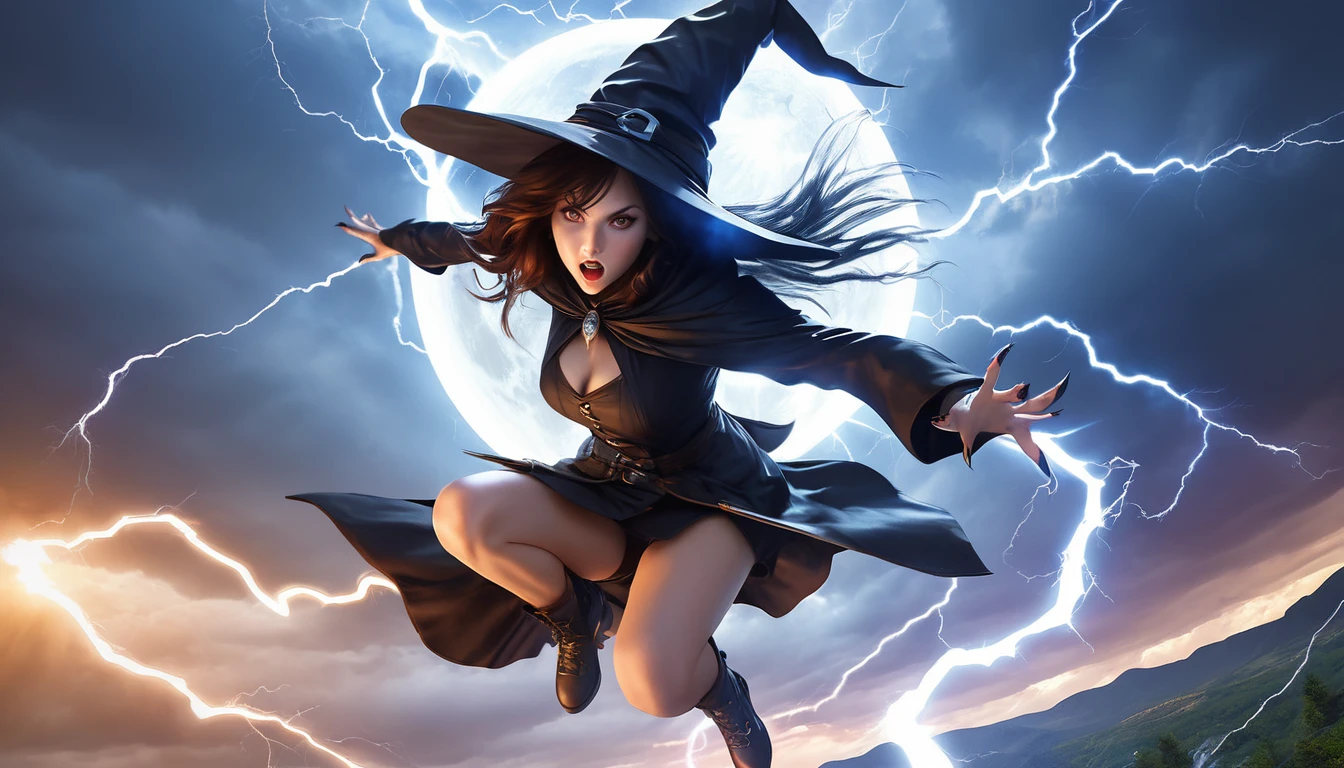 Realistic photos, RAW Photos,
great witch, attacks viewer, Powerful movements, jump on prey, ((Dynamic jump)), Sharp Claws,
great witch approaching from above, sudden approach, Bad-tempered, dynamic Shot from grand, lightning magic