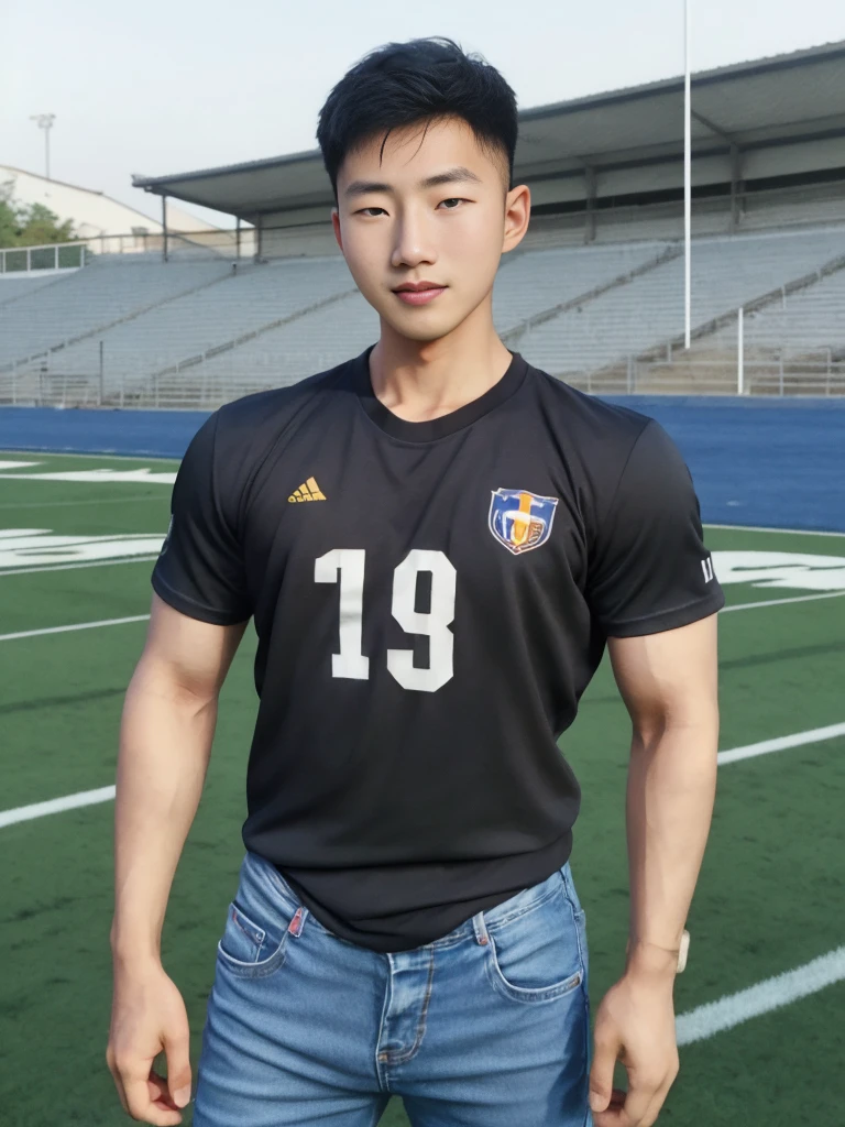 ((realistic daylight)) , Young Korean man in a simple black t-shirt only, no pattern, denim shirt, and jeans., A handsome, muscular young Asian man looks at the camera.  , in the football field ,turn sideways