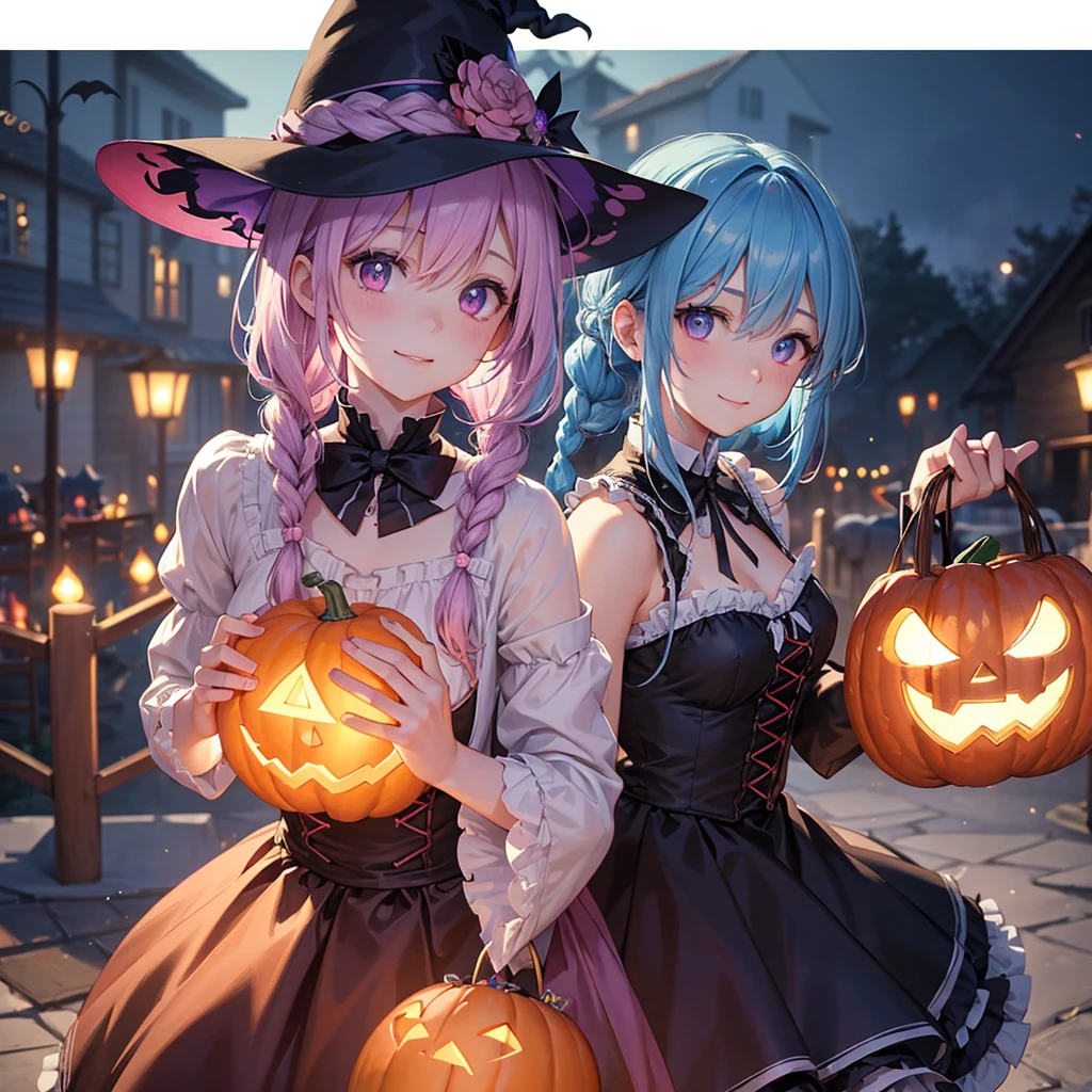 (Light blue medium hair),(Braided hair tied together)、Pink eyes、Fair skin、cowboy shot、Halloween、The background is a pumpkin ghost、Trick or Treat、A lot of sweets、witch、Halloween night party、Candy、Cosplay、A surprising smile、solo、(masterpiece、Highest quality、Very detailed、Best Shadow)、(Detailed Background)、(Beautifully detailed face)、High contrast、(Best lighting、Very delicate and beautiful)、(Cinematic Light)、colorful、Hyper Detail、Dramatic Light、Exquisite detail、