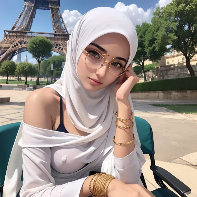 A beautiful high school glasses Arabian  girl model, white skin, sharp nose, thin lips, circle face, skinny hands, skinny legs, tight bra, huge breast, off shoulder, wear hijab, golden bangles, bracelets, necklaces, swiss polo watch, sitting on the wheelchair, Eiffel tower as the background, detailed squinting eyes, detailed horny face
