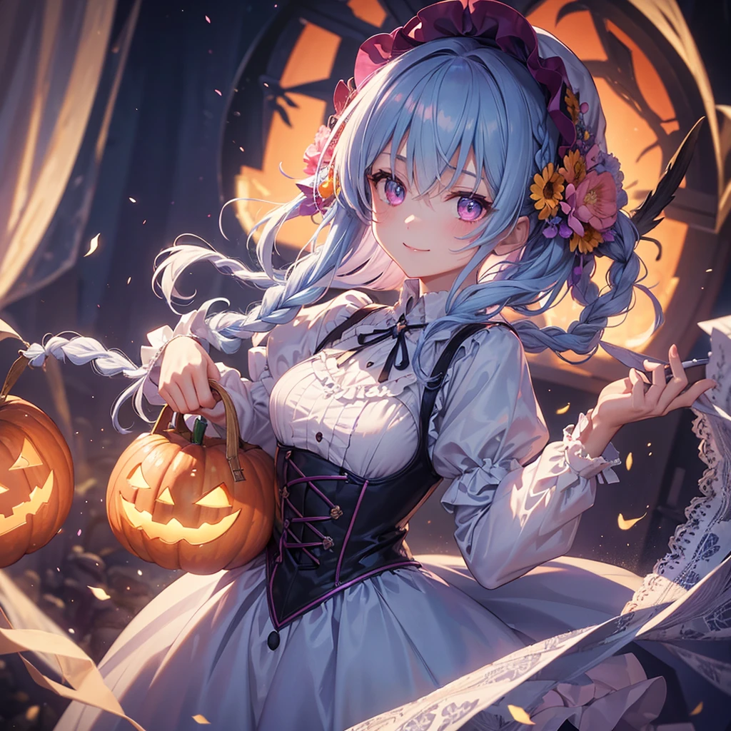 (Light blue medium hair),(Braided hair tied together)、Pink eyes、Fair skin、cowboy shot、Halloween、The background is a pumpkin ghost、Trick or Treat、A lot of sweets、witch、Halloween night party、Candy、Cosplay、A surprising smile、solo、(masterpiece、Highest quality、Very detailed、Best Shadow)、(Detailed Background)、(Beautifully detailed face)、High contrast、(Best lighting、Very delicate and beautiful)、(Cinematic Light)、colorful、Hyper Detail、Dramatic Light、Exquisite detail、
