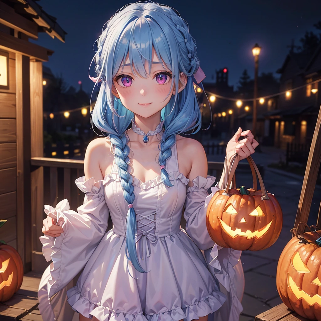 (Light blue medium hair),(Braided hair tied together)、Pink eyes、Fair skin、cowboy shot、Halloween、The background is a pumpkin ghost、Trick or Treat、A lot of sweets、witch、Halloween night party、Candy、Cosplay、A surprising smile、solo、(masterpiece、Highest quality、Very detailed、Best Shadow)、(Detailed Background)、(Beautifully detailed face)、High contrast、(Best lighting、Very delicate and beautiful)、(Cinematic Light)、colorful、Hyper Detail、Dramatic Light、Exquisite detail、