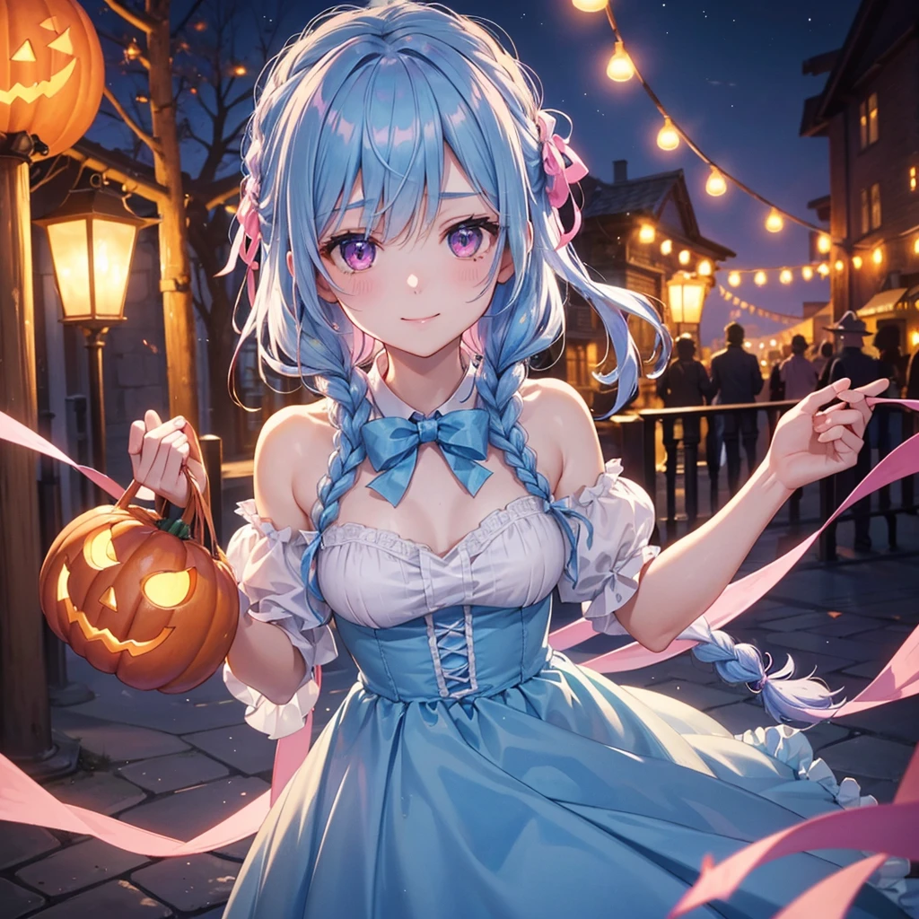 (Light blue medium hair),(Braided hair tied together)、Pink eyes、Fair skin、cowboy shot、Halloween、The background is a pumpkin ghost、Trick or Treat、A lot of sweets、witch、Halloween night 、Candy、Cosplay、A surprising smile、solo、(masterpiece、Highest quality、Very detailed、Best Shadow)、(Detailed Background)、(Beautifully detailed face)、High contrast、(Best lighting、Very delicate and beautiful)、(Cinematic Light)、colorful、Hyper Detail、Dramatic Light、Exquisite detail、
