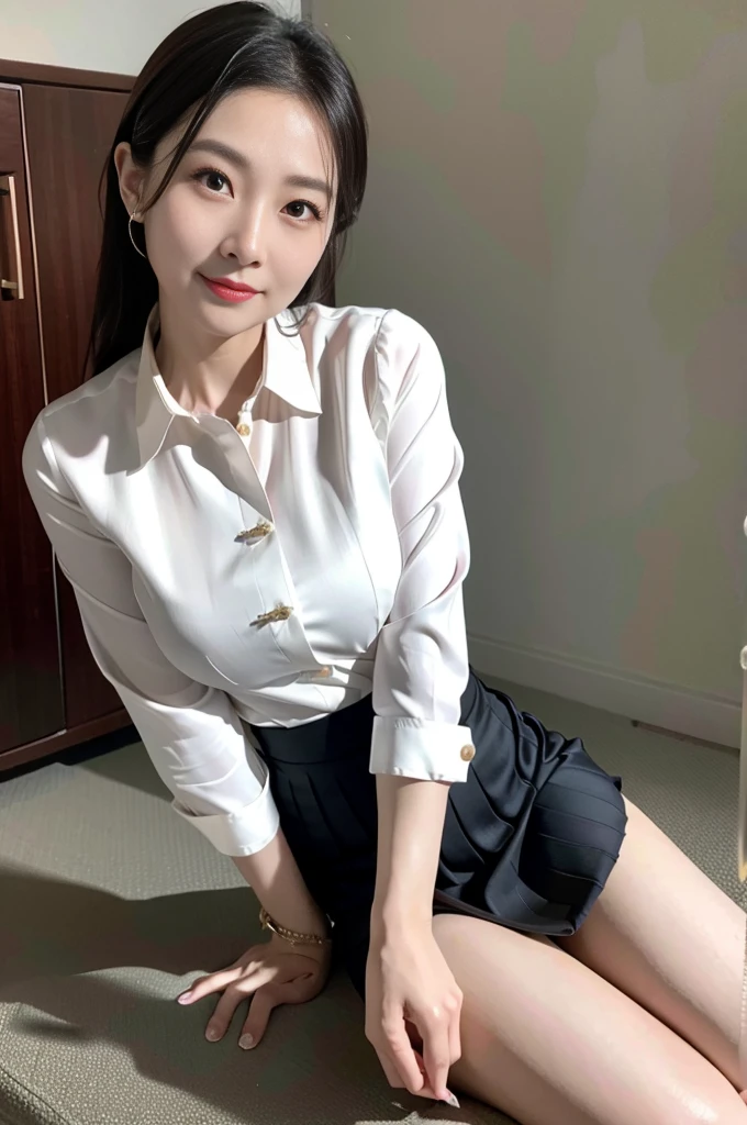 Chinese mature 40 year old woman, beautiful face, masterpiece, HD, photorealistic, smiling, seductive, office wear, wearing office clothes, silk button blouse, pleated silk skirt, sfw, formal, physics based rendering, large breasts, silk leggings