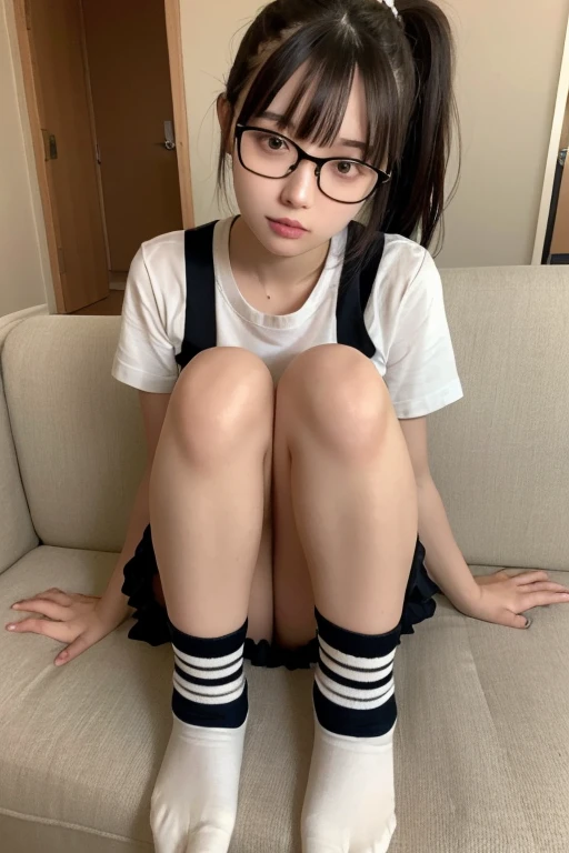 loose socks、Sitting on the couch、ponytail、squint、Blunt bangs cut、Pleated skirt、Black Shirt、Striped Hair、Messy Hair、Sloppy、squint、Drunk、(Sexual Ecstasy)、Glasses、Highest quality, Realistic, Super delicate illustration, Beautiful and attractive girl, Slender body, One Girl, Girl Photos, Full Body Shot, Panty shot、