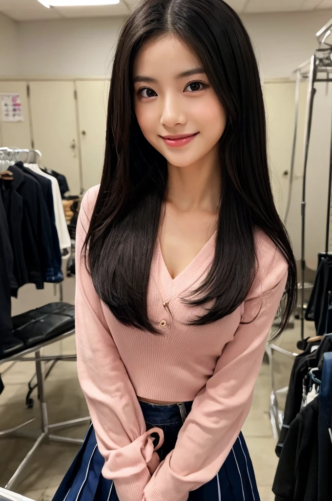 Drama club room, high school senior, drama club president, ((full body)), ((photo)), ((best qualtiy, 8K, tmasterpiece:1.3)), Focus:1.2, perfect figure beautiful girl:1.4, 1girl, cowboy shot, look at viewer, eyes facing the camera, incredibly absurd, beautiful and cute girl with a photorealistic face, showcasing top-quality craftsmanship, A Japanese girl preparing for club activities in the drama club room, , long, straight, silky black hair, fair skin, big eyes, thin eyebrows, double eyelids, long eyelashes, pink lips, smile, devilish smile, gorgeous features, well-defined facial features, beautiful face line, mysterious beauty, slender, tall, well-balanced proportions, large E-cup breasts, navy blue sailor uniform, favorite silver accessories, well-groomed nails, pretty girl, beauty, devilish type, pretty older sister, passionate about art, sociable, friendly, positive, has leadership skills, is proactive, is flexible, gets things done efficiently, works hard towards dreams and goals, May