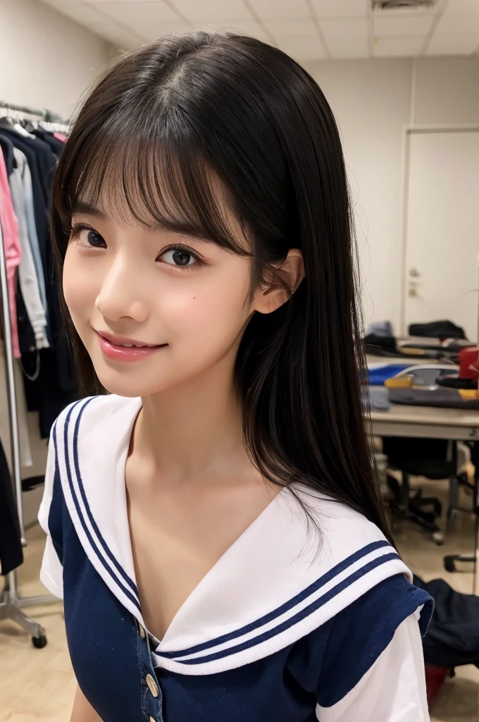 Drama club room, high school senior, drama club president, ((full body)), ((photo)), ((best qualtiy, 8K, tmasterpiece:1.3)), Focus:1.2, perfect figure beautiful girl:1.4, 1girl, cowboy shot, look at viewer, eyes facing the camera, incredibly absurd, beautiful and cute girl with a photorealistic face, showcasing top-quality craftsmanship, A Japanese girl preparing for club activities in the drama club room, , long, straight, silky black hair, fair skin, big eyes, thin eyebrows, double eyelids, long eyelashes, pink lips, smile, devilish smile, gorgeous features, well-defined facial features, beautiful face line, mysterious beauty, slender, tall, well-balanced proportions, large E-cup breasts, navy blue sailor uniform, favorite silver accessories, well-groomed nails, pretty girl, beauty, devilish type, pretty older sister, passionate about art, sociable, friendly, positive, has leadership skills, is proactive, is flexible, gets things done efficiently, works hard towards dreams and goals, May