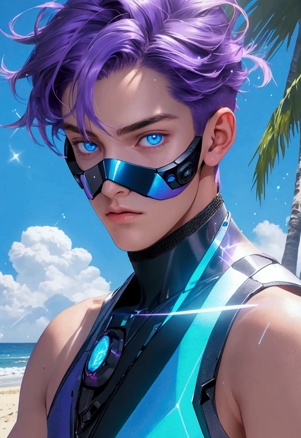 ((Artwork, high quality)), (20-year-old man), (purple hair), (blue eyes), (wearing futuristic beach clothing), (with a high-tech, holographic watch), (opening a glowing portal to the past with crackling, sparking energy around it), (set against a backdrop of a tropical beach with advanced, sci-fi elements).
