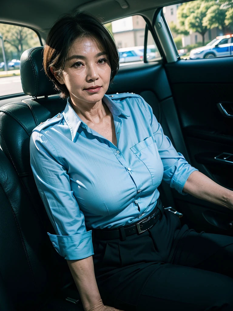 (masterpiece:1.4), (((solo : 1.3))), (61-year-old woman:1.5),(facial wrinkles :1.2), short hair, smirking, arrogant, beautiful Mature Woman, wide hips, (police uniform : 1.3), (light blue shirt, black pants, breast pocket, black-belt), sitting on a back-seat of a car