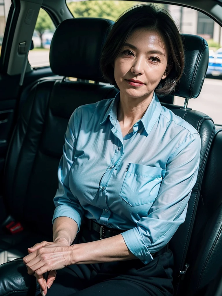 (masterpiece:1.4), (63-year-old woman:1.5),(facial wrinkles :1.2), (((solo : 1.3))), (((looking down at viewer : 1.3))), ((leaning towards viewer : 1.3)), dominating present, short hair, (smirking), (arrogant), beautiful Mature Woman, wide hips, thick thighs, (police uniform : 1.3), (light blue shirt, black pants, breast pocket, black-belt, name tag, Uniform patch, police badge), pores, dull skin, realistic detailed skin, sitting in a car,