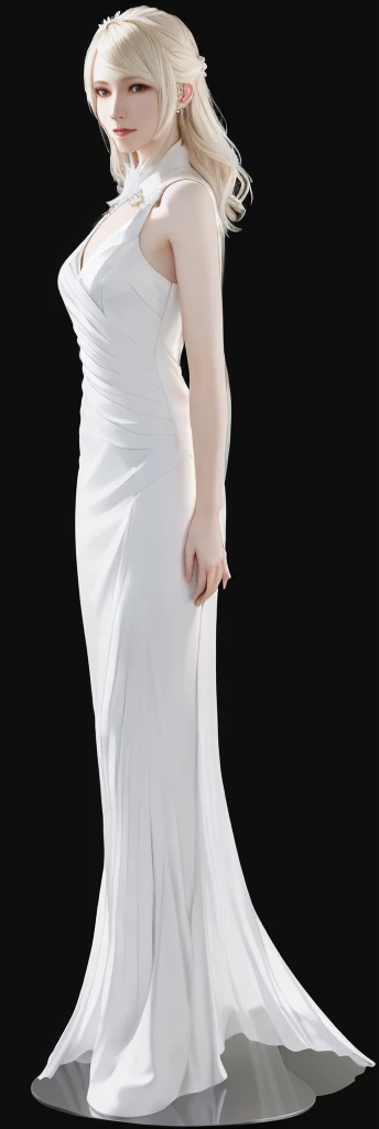 a close up of a woman in a white dress posing for a picture, elegant lady with alabaster skin, porcelain holly herndon statue, full body close-up shot, white gown, on a mannequin. high resolution, sculpture of cate blanchett, anorexic figure, white polygonal dress, a hyper realistic, ancient white dress, white porcelain skin, "lunafreya nox fleuret" from final fantasy XV,