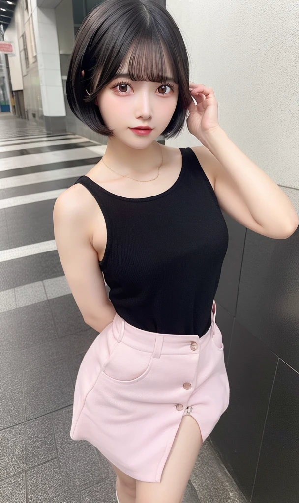 1girl,black hair,short hair,dress pink,realistic,ultra detail,70mm less