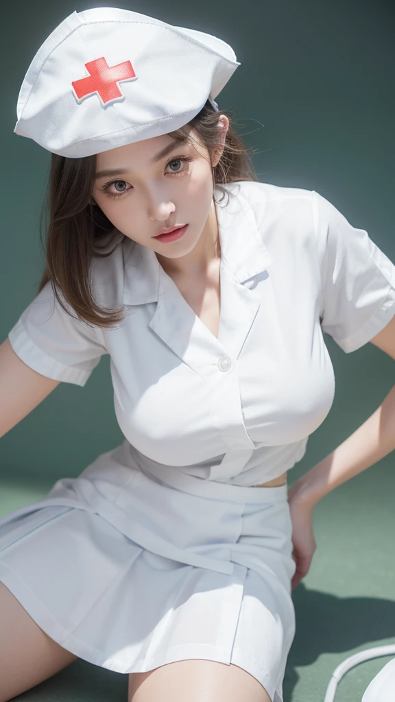 innocent 25 year old girl,giant :1.2,cleavage of breasts:1.2、(panty shot:1.3) (white nurse uniform:1.5),( White short skirt:1.5),(White nurse hat:1.5),(white nurse pumps:1.5), Angle:1.2、The background is a hospital room.、laugh,shortcut、RAW photos, (8k、top quality、masterpiece:1.2)、(intricate details:1.4)、(realistic:1.4)、octane rendering、Complex 3D Rendering Ultra Detailed, studio soft light, rim lights, vivid details, super detailing, realistic skin texture, detail face, Beautiful eye for detail, Highly detailed CG Unity 16k wallpaper, assembly, (detailed background:1.2), glowing skin, whole body