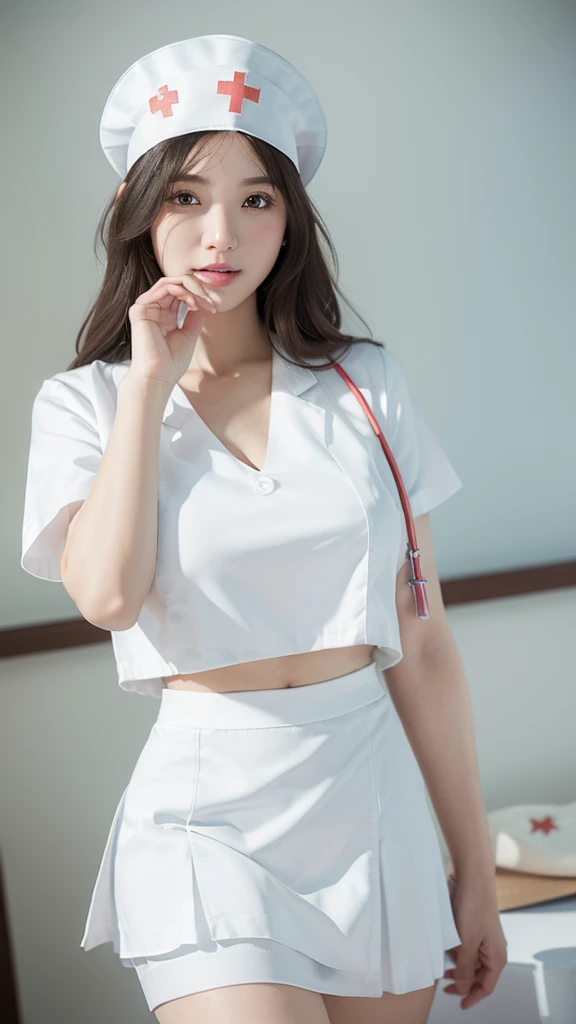 innocent 25 year old girl,giant :1.2,cleavage of breasts:1.2、(panty shot:1.3) (white nurse uniform:1.5),( White short skirt:1.5),(White nurse hat:1.5),(white nurse pumps:1.5), Angle:1.2、The background is a hospital room.、laugh,shortcut、RAW photos, (8k、top quality、masterpiece:1.2)、(intricate details:1.4)、(realistic:1.4)、octane rendering、Complex 3D Rendering Ultra Detailed, studio soft light, rim lights, vivid details, super detailing, realistic skin texture, detail face, Beautiful eye for detail, Highly detailed CG Unity 16k wallpaper, assembly, (detailed background:1.2), glowing skin, whole body