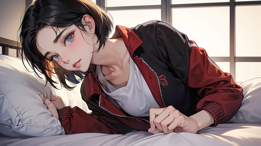 (perfect anatomy:1.2)(absurdres, highres, ultra detailed),masterpiece,best quality,high resolution,8k,Realistic face,Realistic skin texture,magnified textures, stunning clarity,detailed anime girl,(ultra detailed eyes and face),(1 girl:1.4)21years old,she is office worker,,black hair, bob cut, No-makeup look,,(red school track jacket:1.2),(black school track pants),white t-thirt,(The chest is visible),11 p.m,sparkling eyes,small nose,roundface,Women's Apartments in japanese suburb,(faint light),(darkness),(midnight),(lying in bed:1.4),(happy),