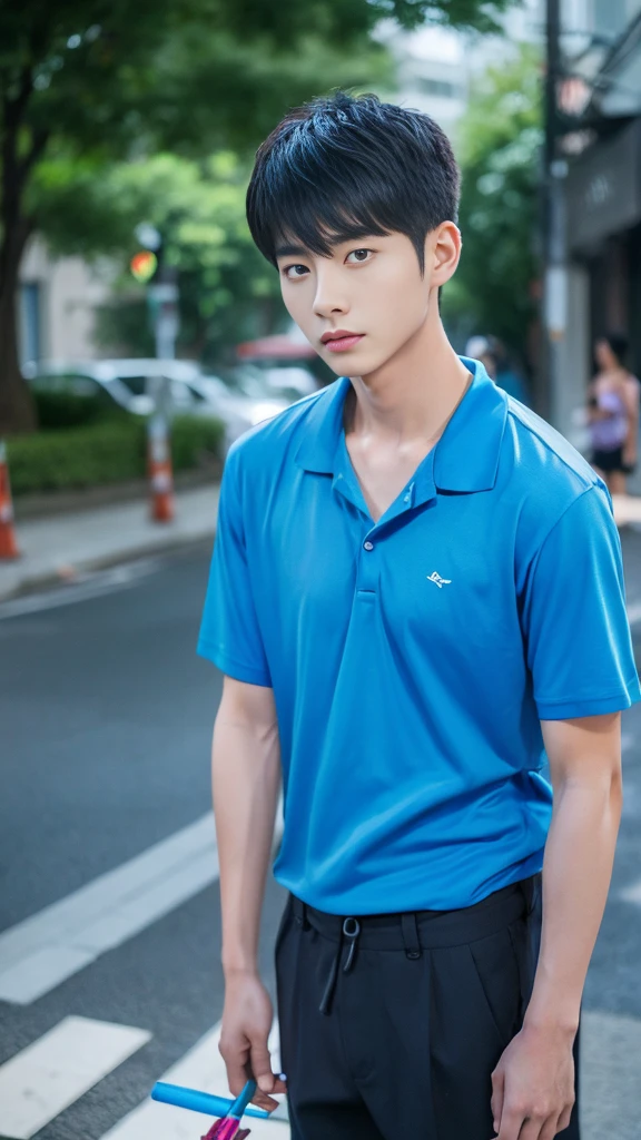 ((realistic daylight)) , Young Korean man in a navy blue polo shirt and jeans, A handsome, muscular young Asian man looks at the camera. In a simple t-shirt blue and red , roadside ,((look sideways))
