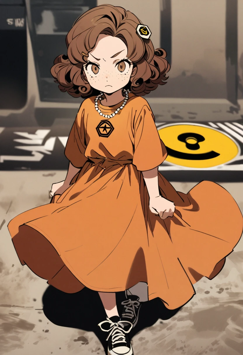 a  around six years old. She has curly, slightly reddish brown hair, her eyes are green, she wears an inverted pentagram barrette in her hair and a bead necklace with a radiation warning symbol hanging as a pendant and an orange dress and black sneakers, she wears stylish clothes 50s. She has freckles on her face and a serious expression on her face.