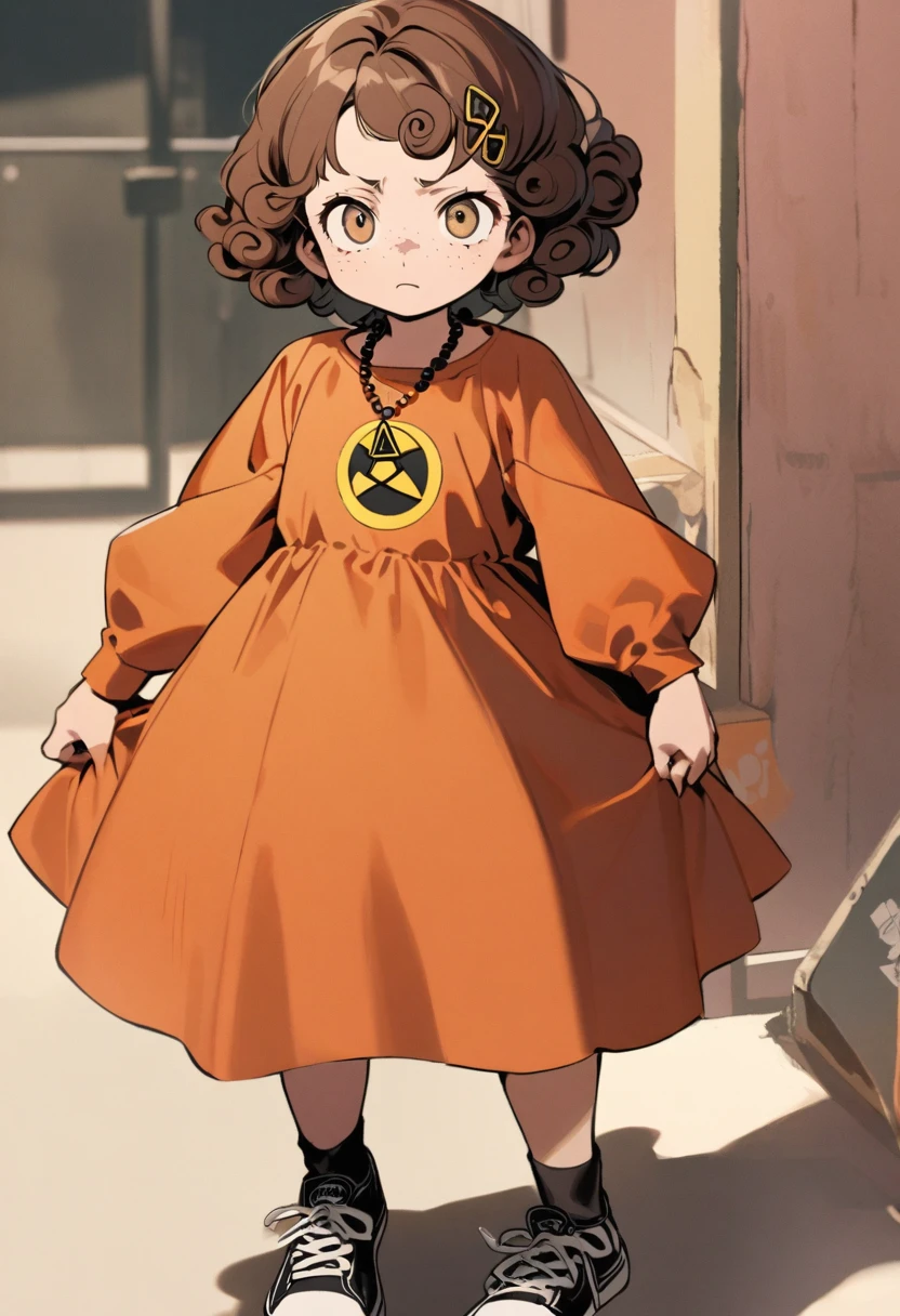 a around . She has curly, slightly reddish brown hair, her eyes are green, she wears an inverted pentagram barrette in her hair and a bead necklace with a radiation warning symbol hanging as a pendant and an orange dress and black sneakers, she wears stylish clothes 50s. She has freckles on her face and a serious expression on her face.